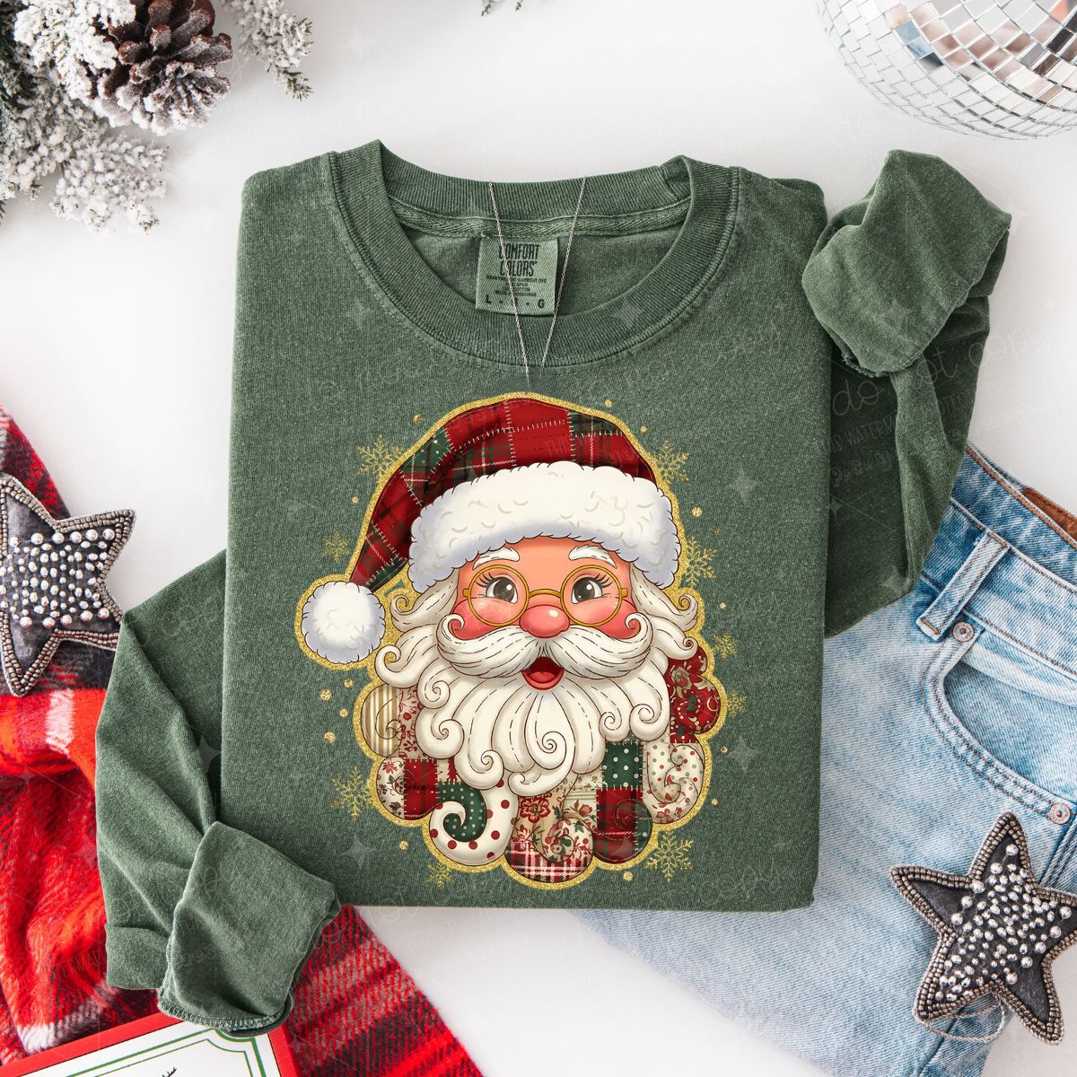 PATCHWORK SANTA - FAUX GLITTER - DTF TRANSFER