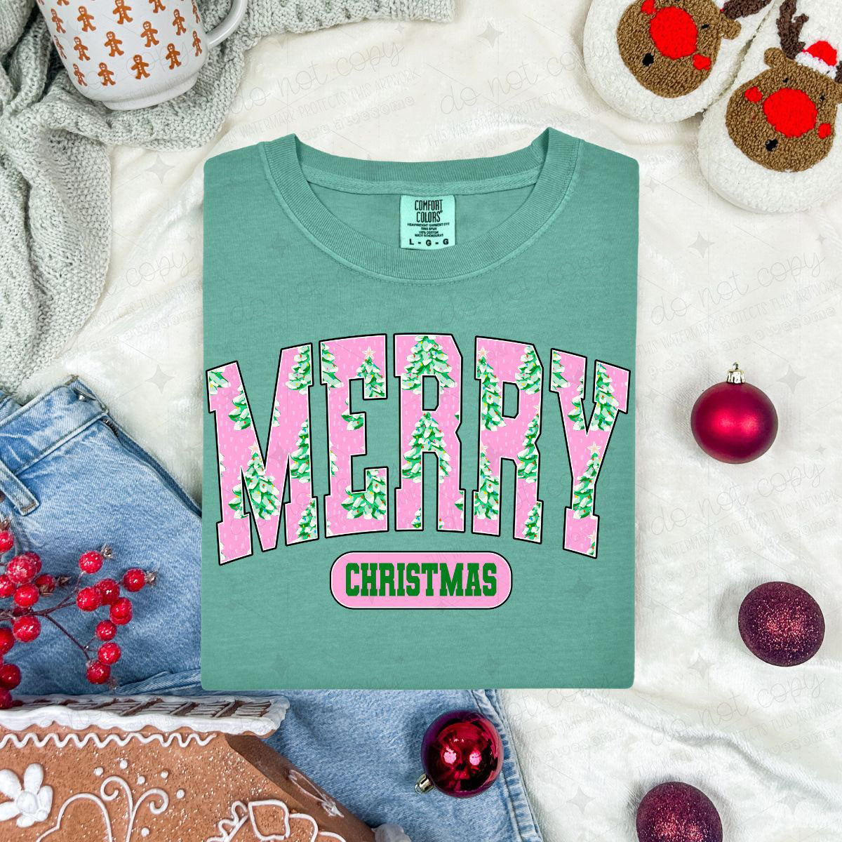 PINK WITH GREEN CHRISTMAS TREES MERRY CHRISTMAS - DTF TRANSFER