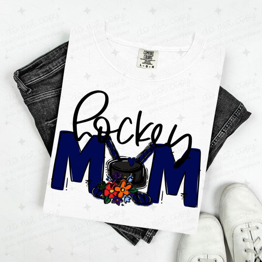 HOCKEY MOM - NAVY BLUE/WITH FLOWER - DTF TRANSFER