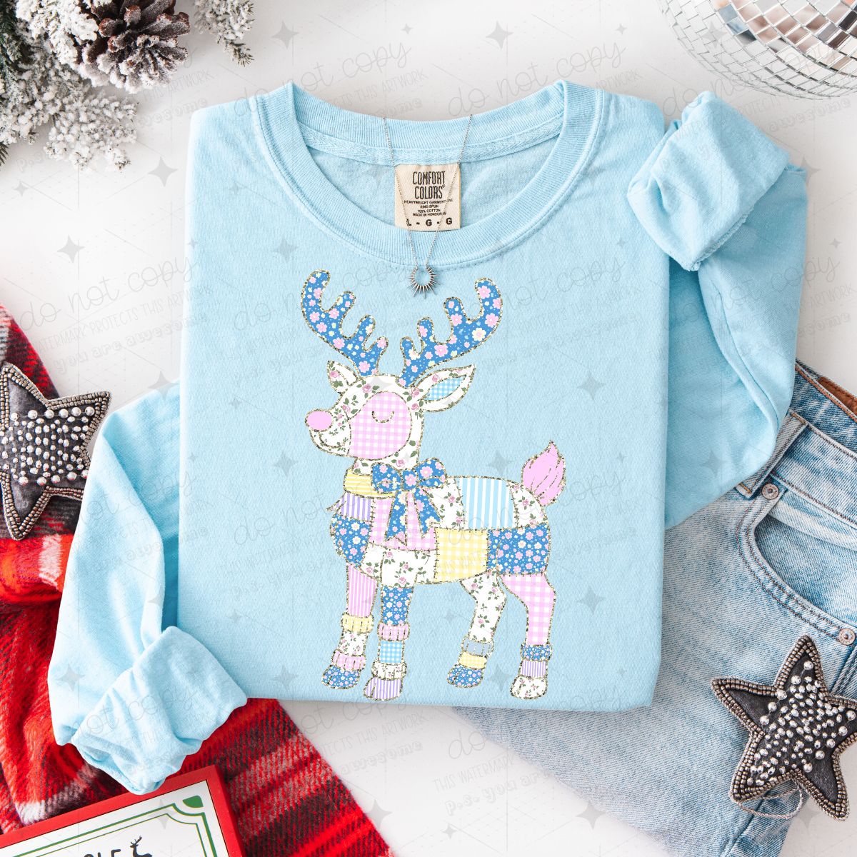 COQUETTE PASTEL PATCHWORK REINDEER - FAUX GLITTER - DTF TRANSFER