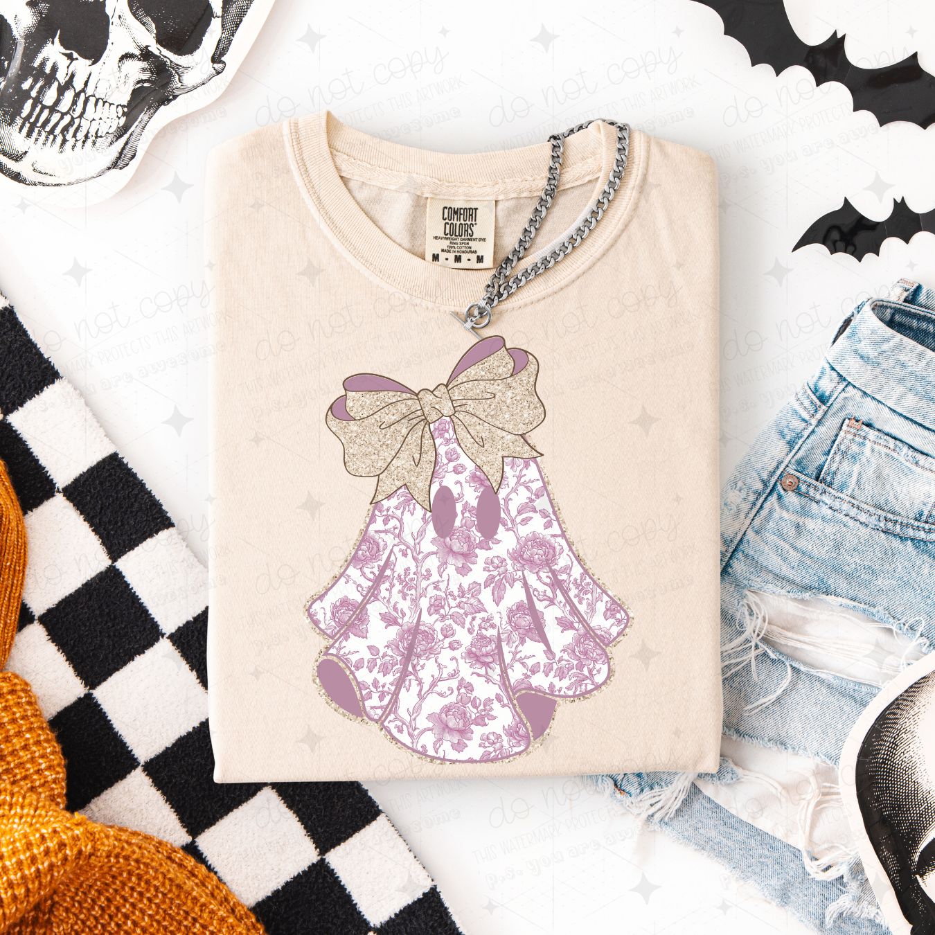 COQUETTE PURPLE FLORAL PRINT GHOST - FAUX GLITTER - DTF TRANSFER