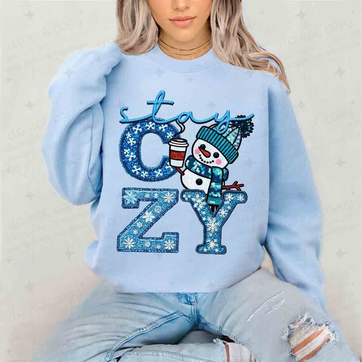 STAY COZY - SNOWMAN + FAUX SEQUIN + FAUX GLITTER - DTF TRANSFER
