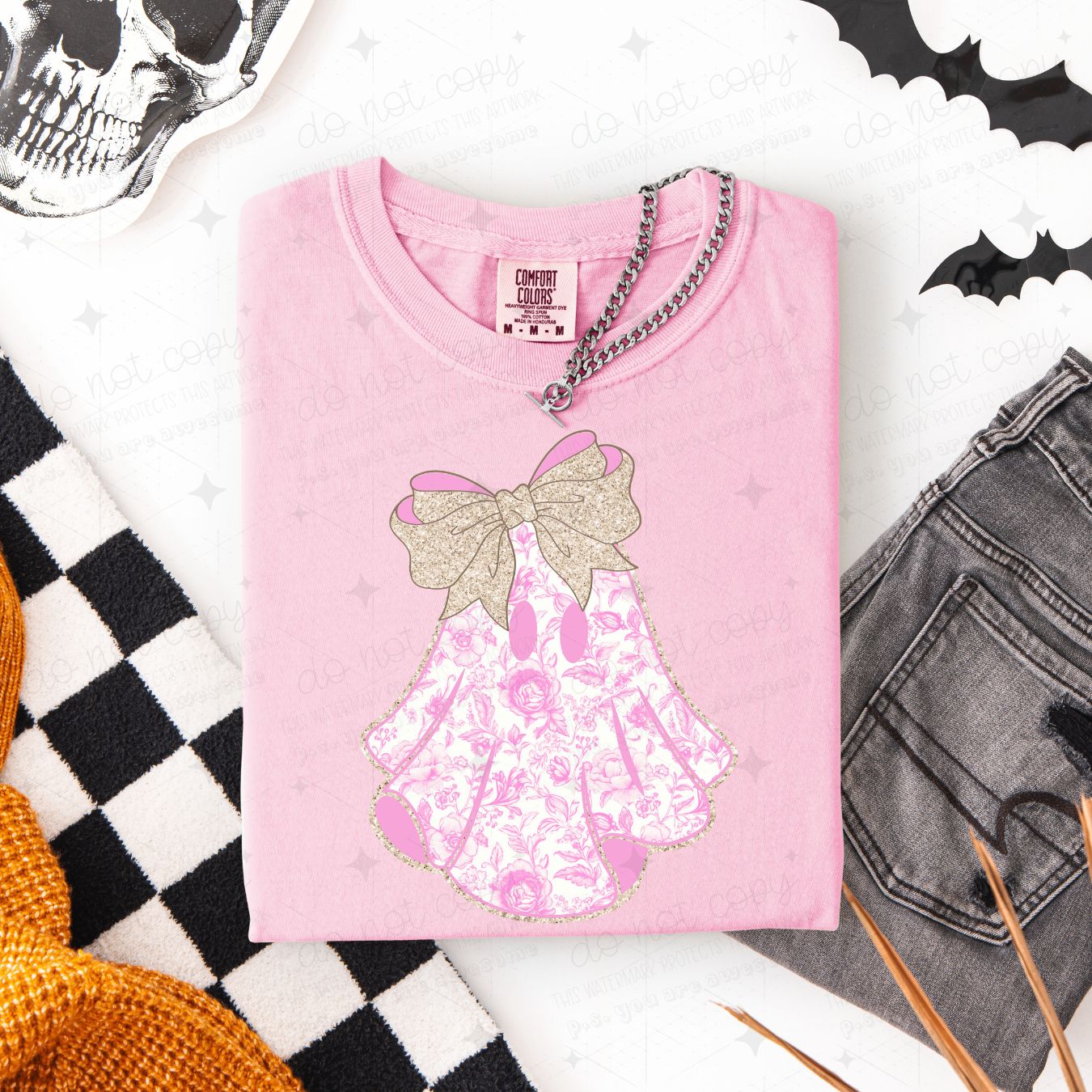 COQUETTE PINK FLORAL PRINT GHOST - FAUX GLITTER - DTF TRANSFER