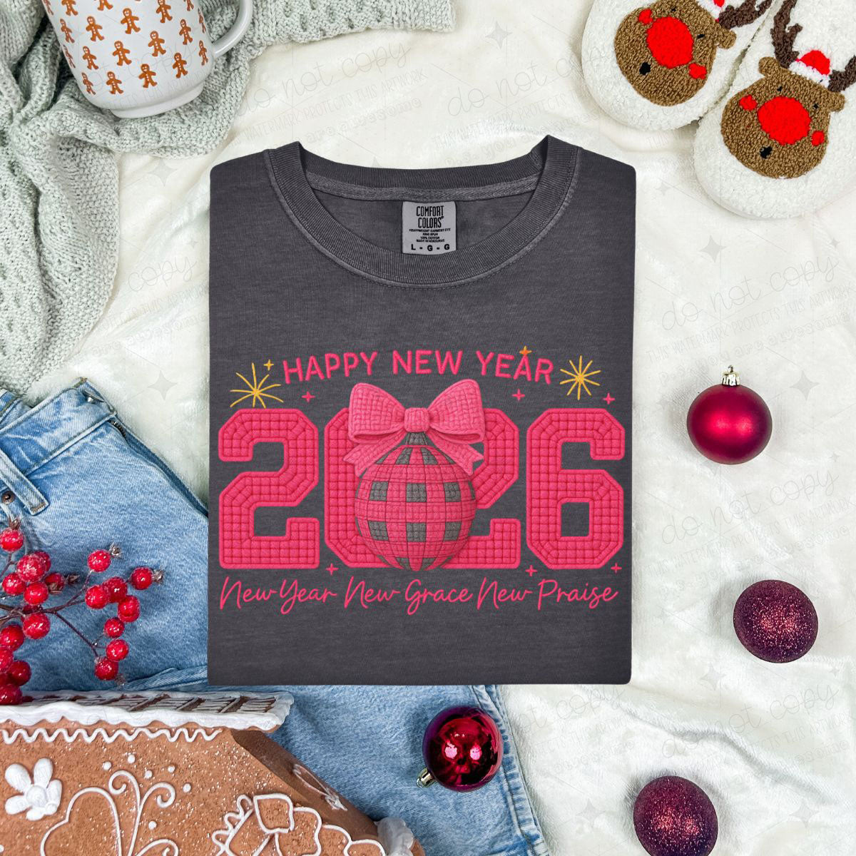 COQUETTE PINK HAPPY NEW YEAR 2026 NEW YEAR NEW GRACE NEW PRAISE - FAUX YARN - DTF TRANSFER