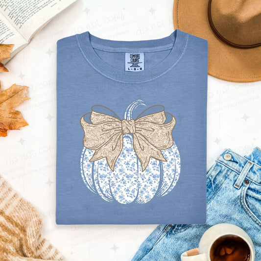 COQUETTE BABY BLUE FLORAL PUMPKIN - FAUX GLITTER - DTF TRANSFER