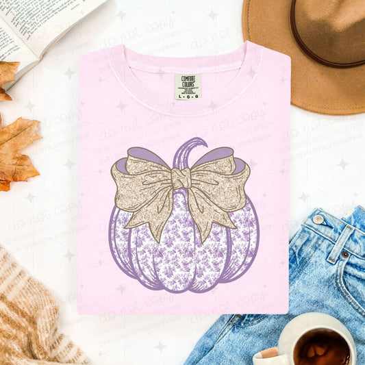 COQUETTE PURPLE FLORAL PUMPKIN - FAUX GLITTER - DTF TRANSFER