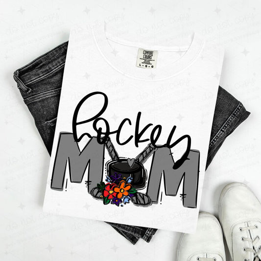 HOCKEY MOM - GREY/WITH FLOWER - DTF TRANSFER