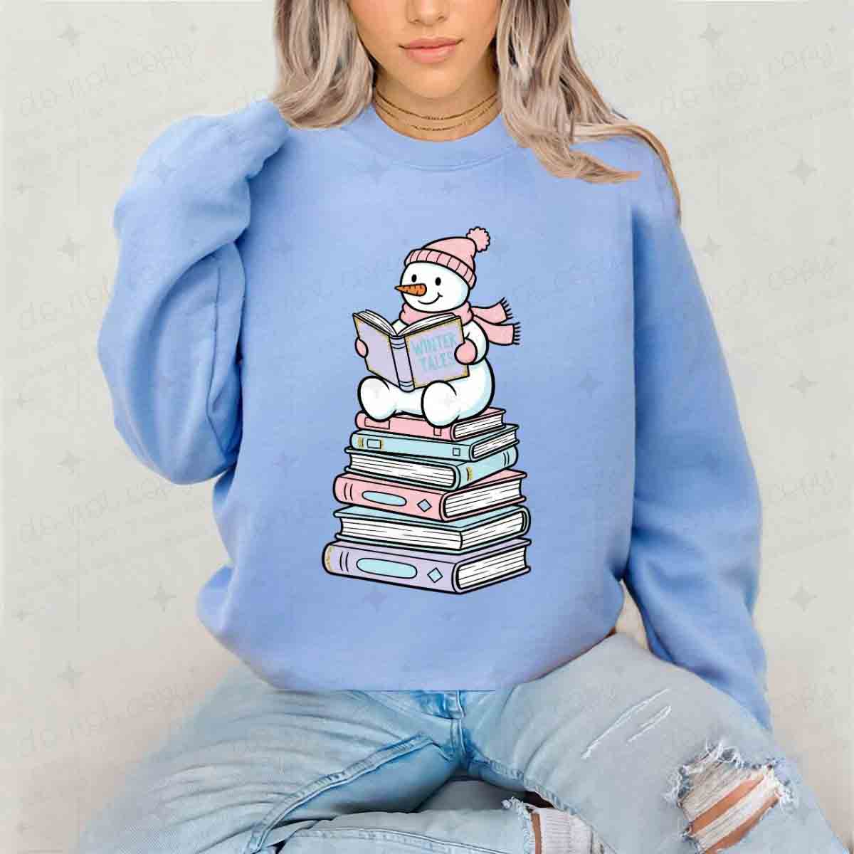 SNOWMAN READING ON LARGER STACK OF BOOKS - DTF TRANSFER