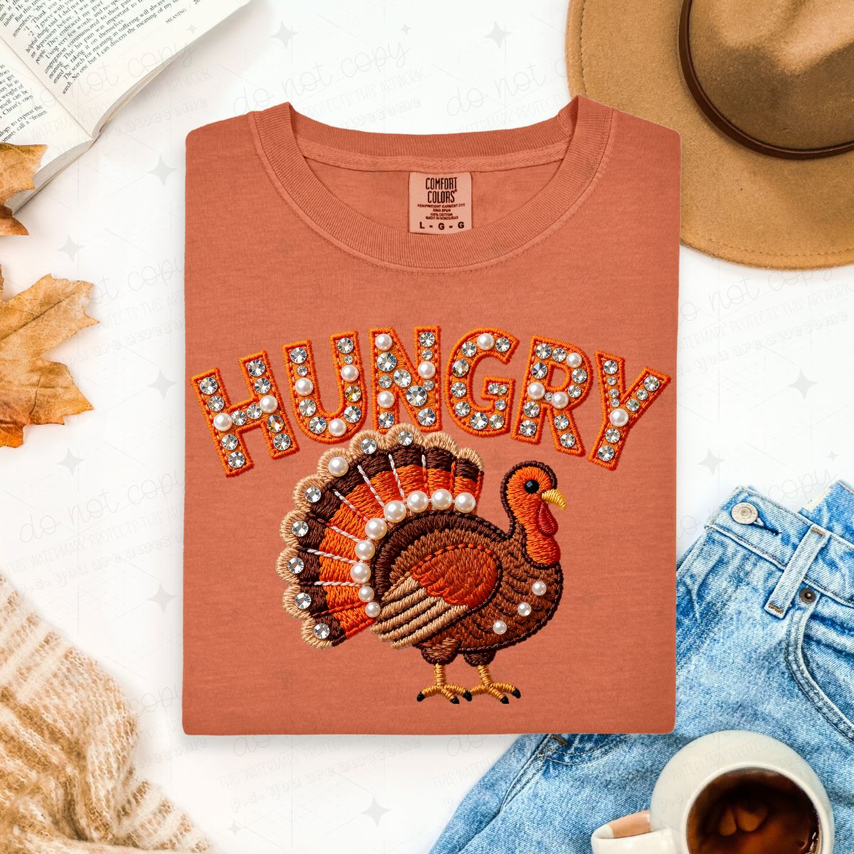 HUNGRY TURKEY - FAUX YARN/FAUX RHINESTONES/PEARLS - DTF TRANSFER