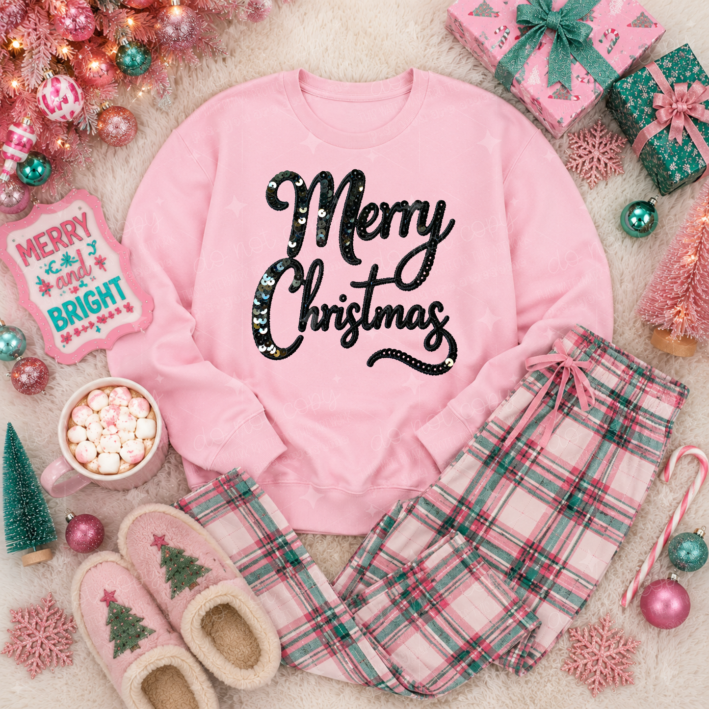 MERRY CHRISTMAS BLACK - FAUX SEQUIN - DTF TRANSFER