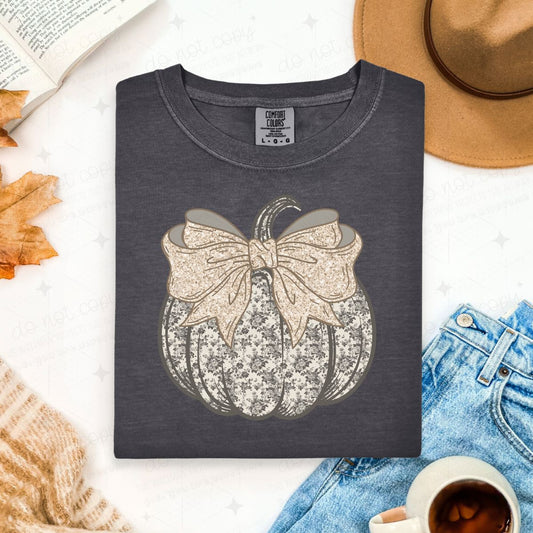 COQUETTE GRAY FLORAL PUMPKIN - FAUX GLITTER - DTF TRANSFER