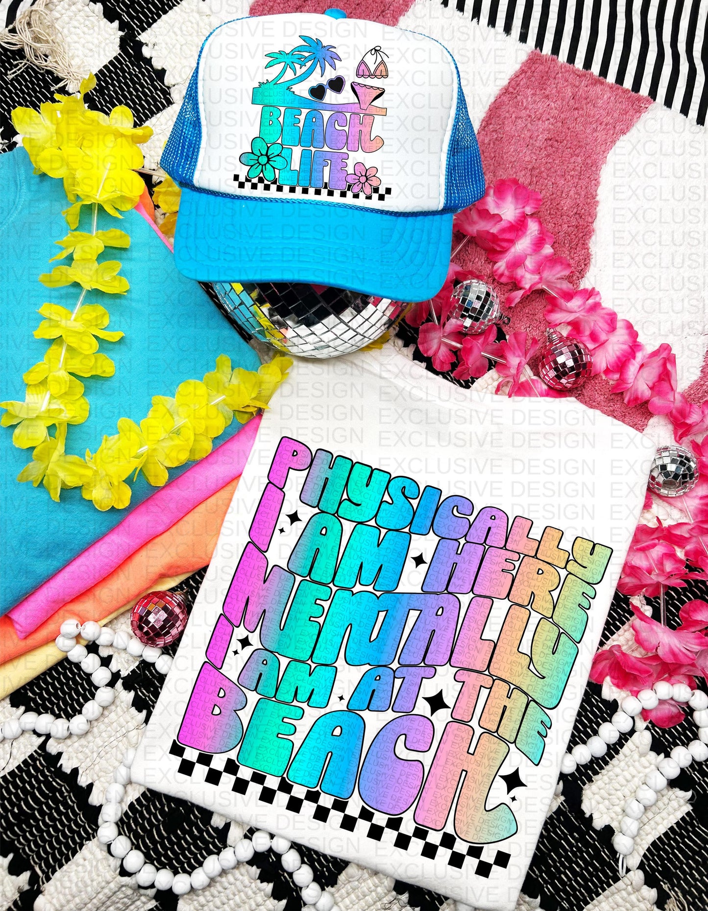 PHYSICALLY I AM HERE ; BEACH *OLLIE & CO EXCLUSIVE* - FRONT+BACK - DTF TRANSFER