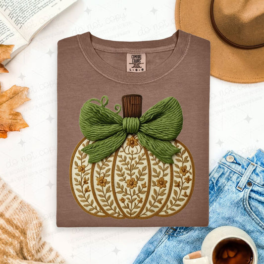 COQUETTE GREEN BOW FLORAL PUMPKIN - FAUX YARN - DTF TRANSFER