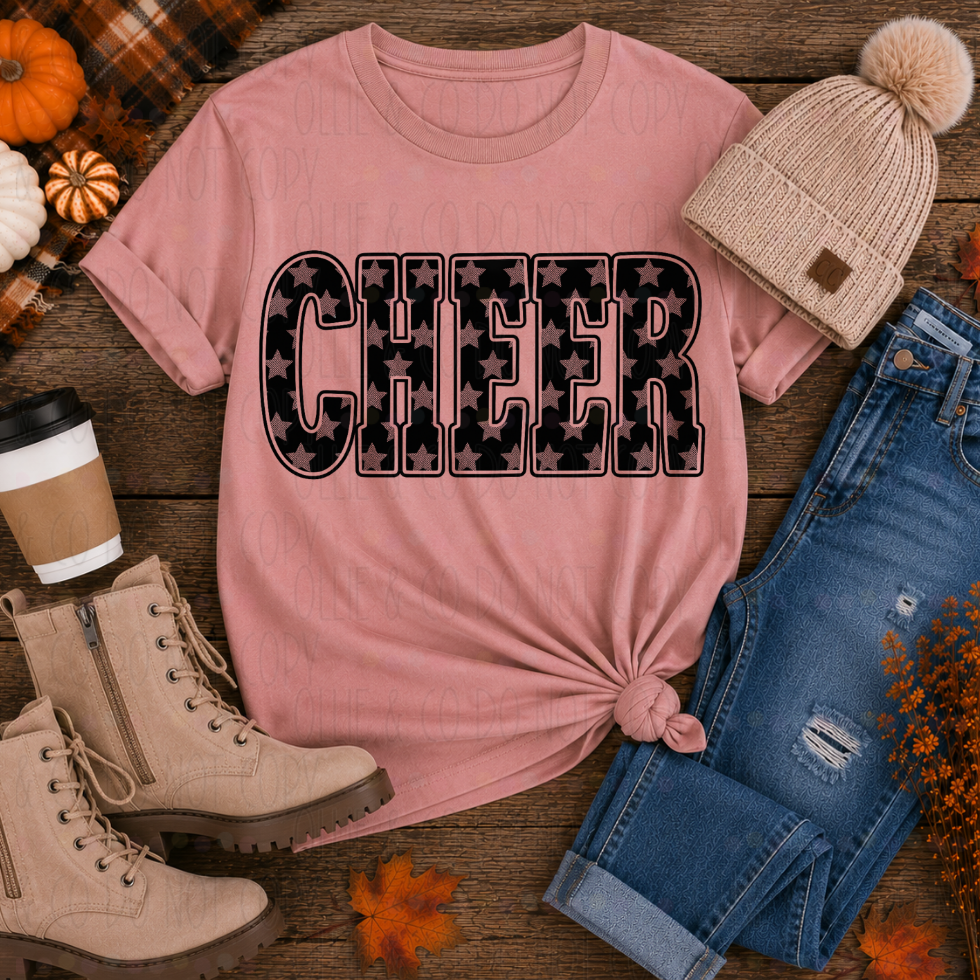 CHEER BLACK WITH STARS - DTF TRANSFER