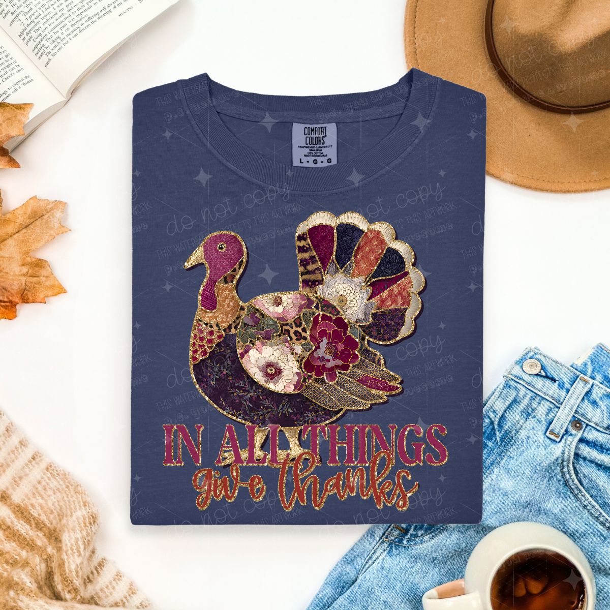PATCHWORK TURKEY IN ALL THINGS GIVE THANKS - FAUX GLITTER - DTF TRANSFER