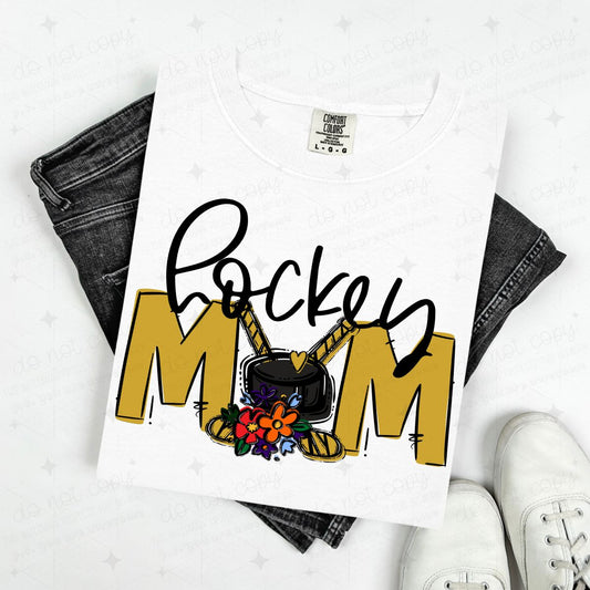 HOCKEY MOM - VEGAS GOLD/WITH FLOWER - DTF TRANSFER