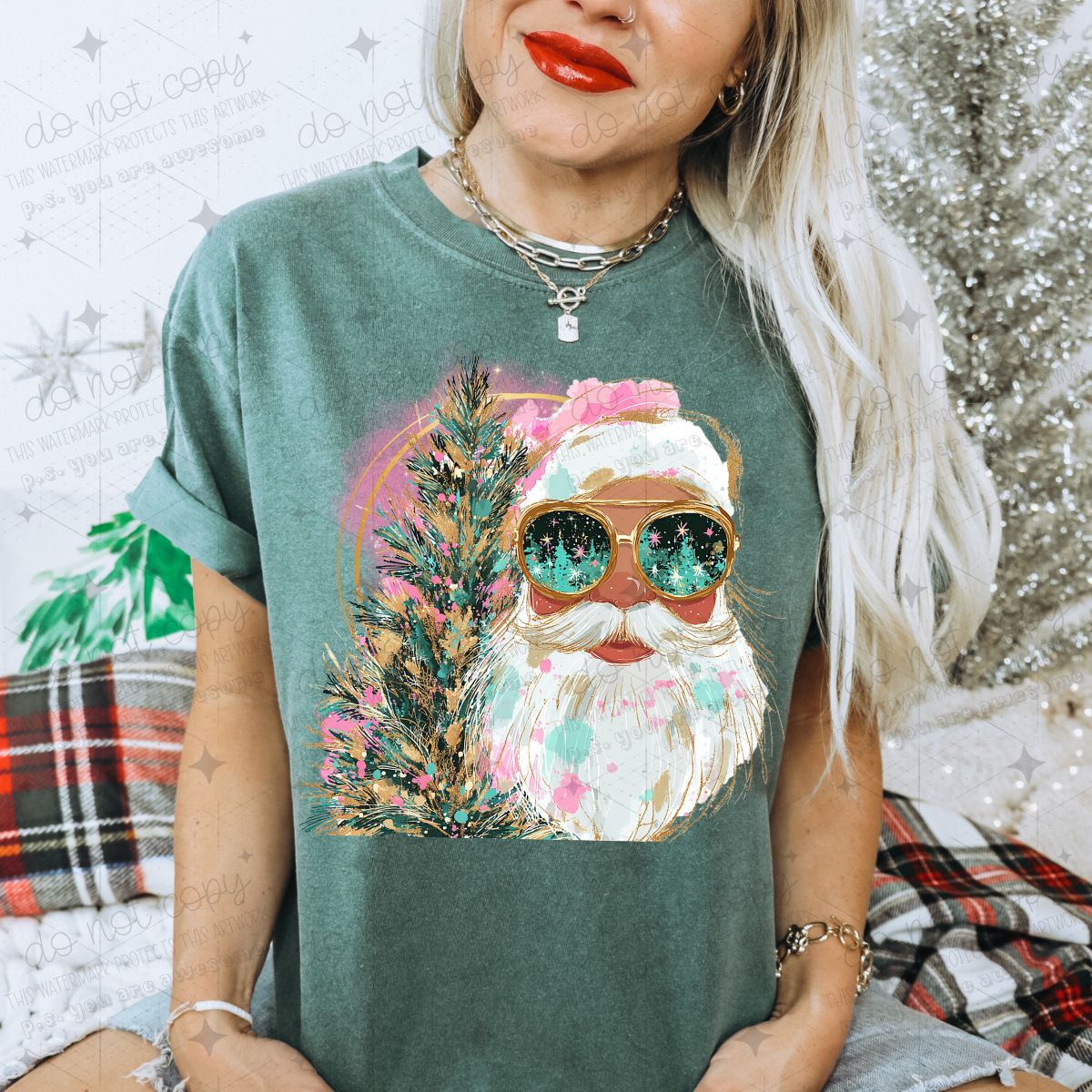HAND PAINTED COOL SANTA AND CHRISTMAS TREE - DTF TRANSFER