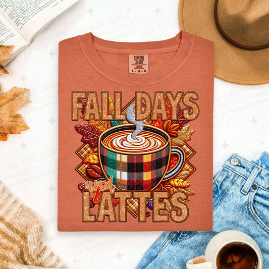 FALL DAYS AND LATTES - FAUX GLITTER/FAUX EMBROIDERY - DTF TRANSFER