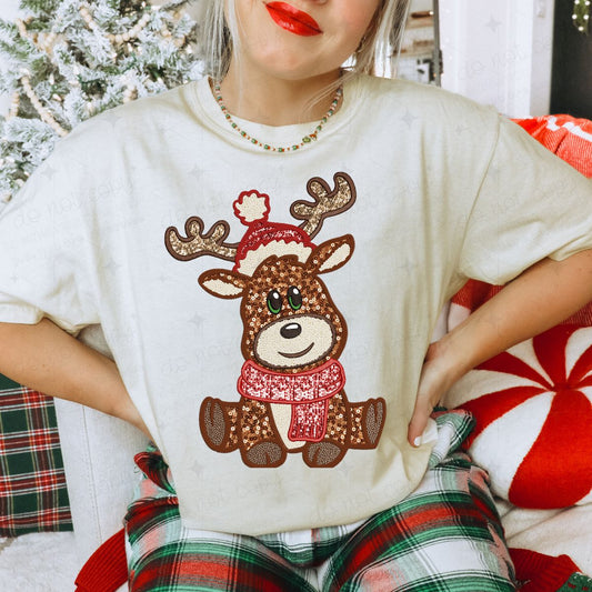 CUTE REINDEER - FAUX EMBROIDERY/FAUX SEQUIN - DTF TRANSFER