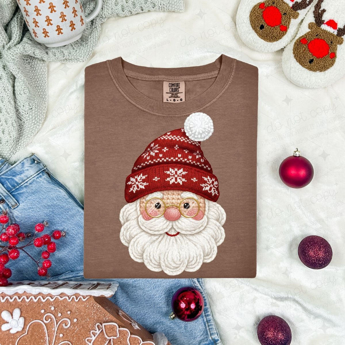 CUTE SANTA - WITH GLASSES AND SNOWFLAKE HAT - FAUX YARN - DTF TRANSFER
