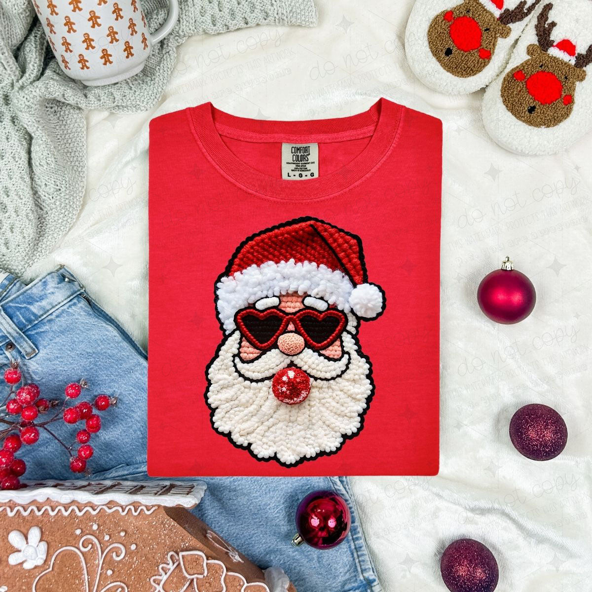 COOL SANTA - HEART SUNGLASSES AND BUBBLE GUM - FAUX YARN/FAUX GLITTER - DTF TRANSFER