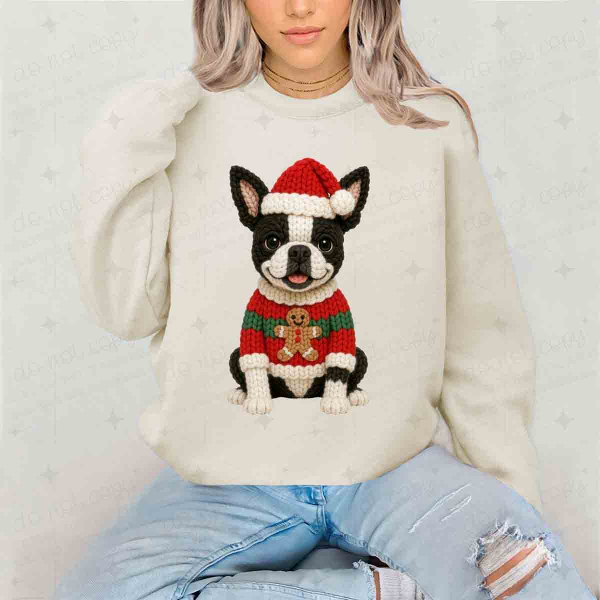 CHRISTMAS BOSTON TERRIER - FAUX YARN - DTF TRANSFER