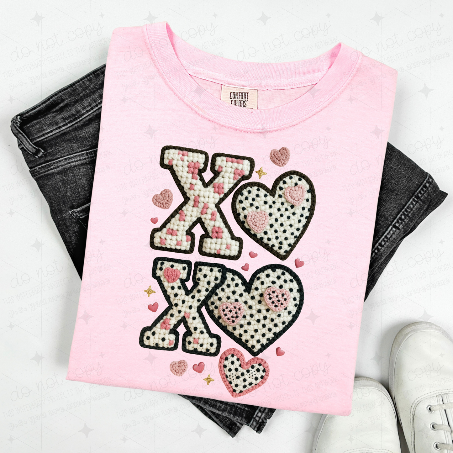 XOXO PINK AND BLACK DOTTIE - FAUX YARN - DTF TRANSFER