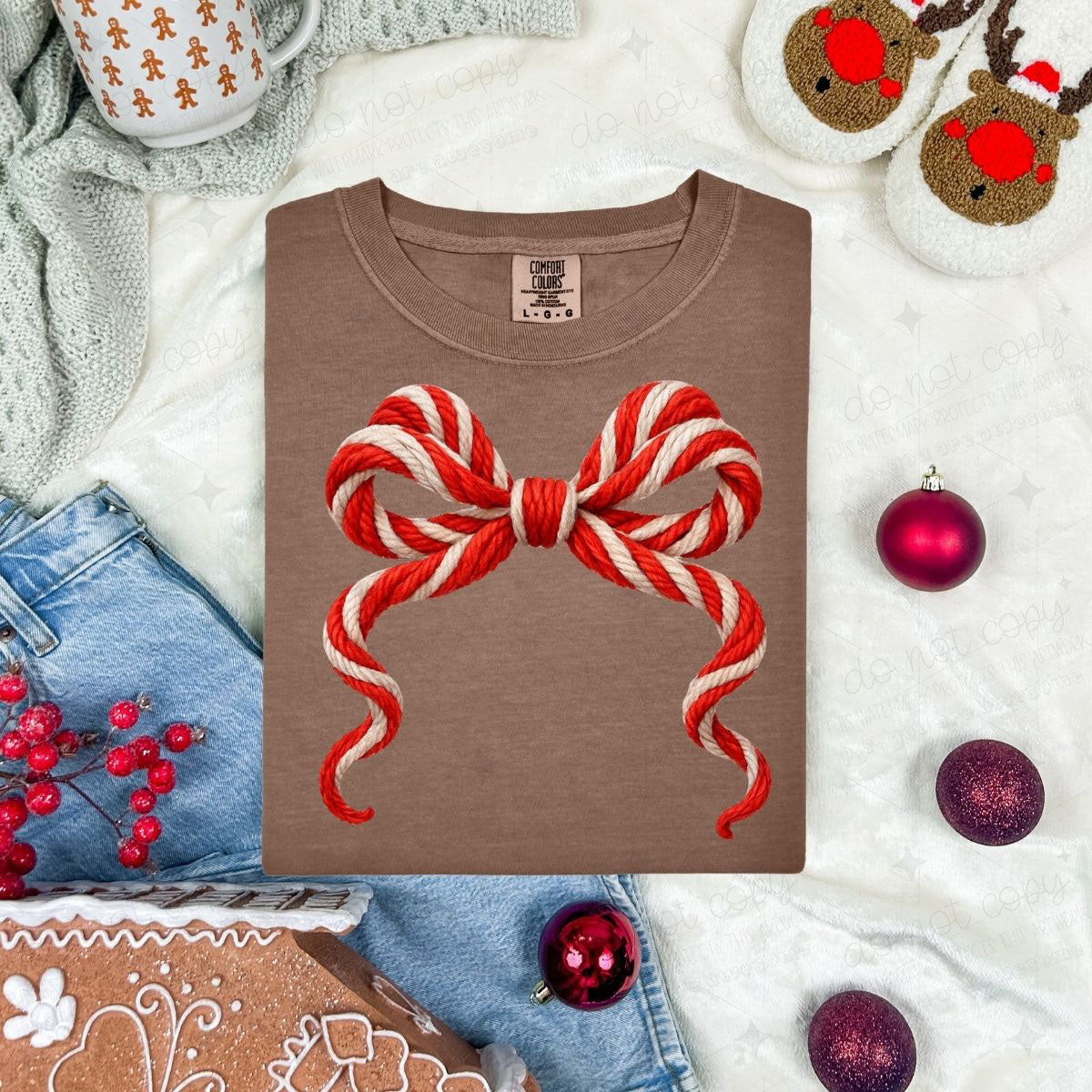 COQUETTE CANDY CANE STRIPED BOW - FAUX YARN - DTF TRANSFER