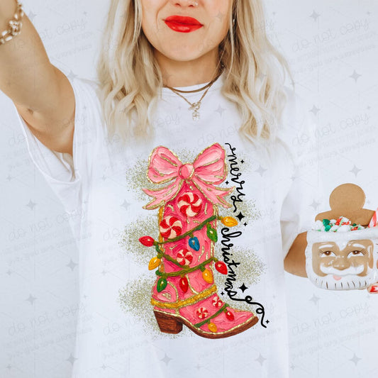 COQUETTE MERRY CHRISTMAS BOOT WITH LIGHTS & PEPPERMINTS - FAUX GLITTER - DTF TRANSFER
