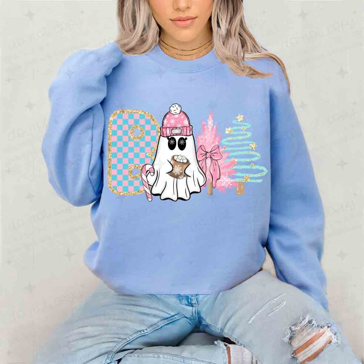 COQUETTE WINTER BOO - W/ GHOST HOLDING COCOA + CHRISTMAS TREES + GLITTER - DTF TRANSFER