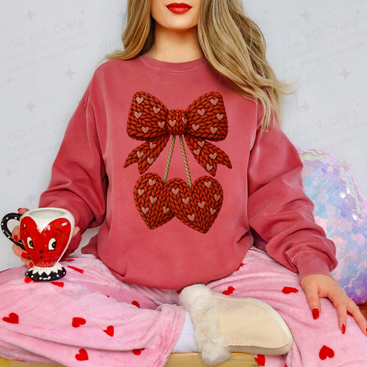 COQUETTE BOW WITH MINI HEARTS AND CHERRY HEARTS - DARK RED - FAUX YARN - DTF TRANSFER