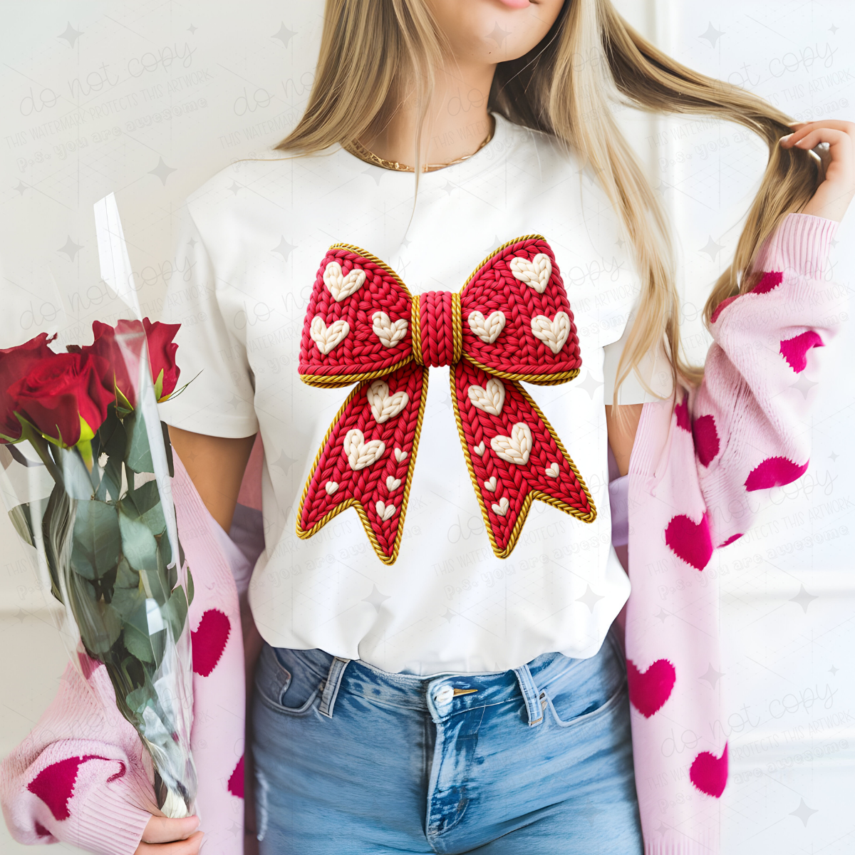 COQUETTE BOW WITH HEARTS - FAUX YARN - DTF TRANSFER