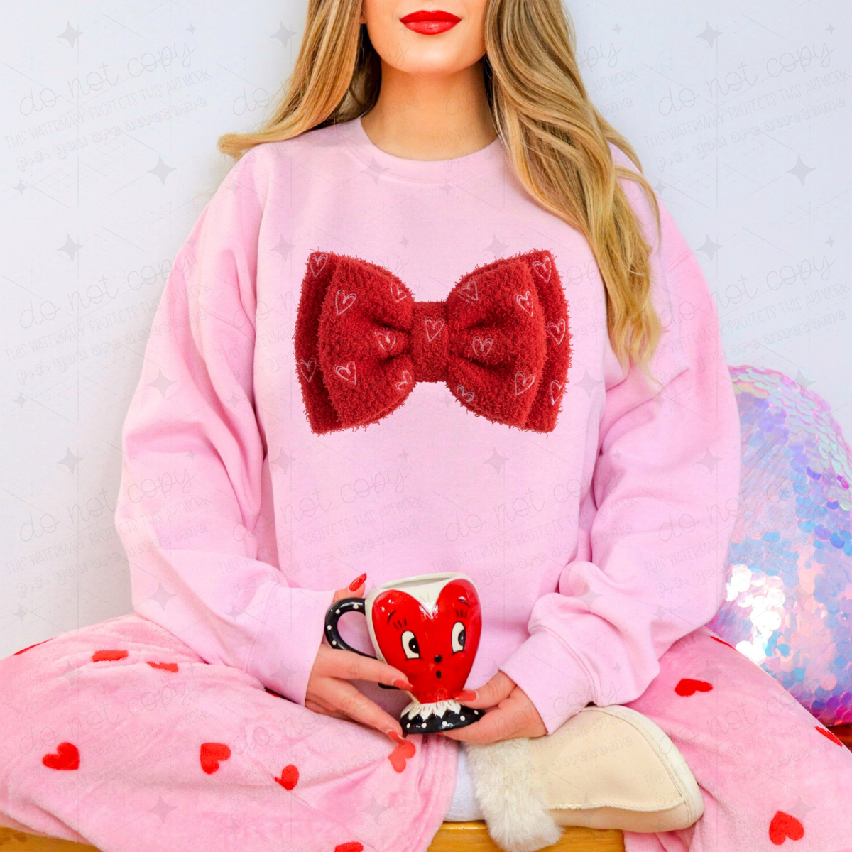 FLUFFY BOW WITH LIGHT PINK HEARTS - FAUX YARN - DTF TRANSFER