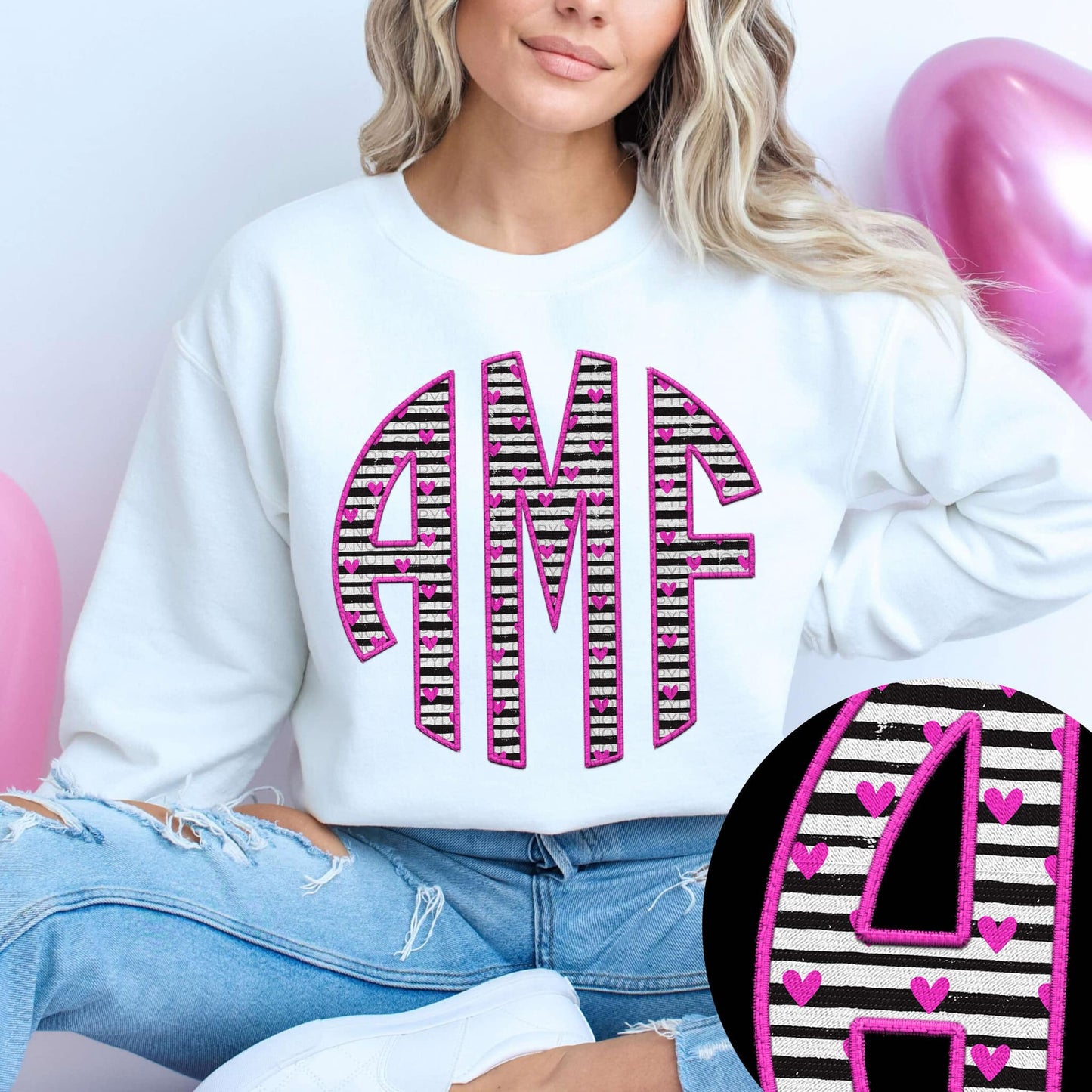 BLACK STRIPES PINK HEART MONOGRAM - FAUX EMBROIDERY - CUSTOM TRANSFER
