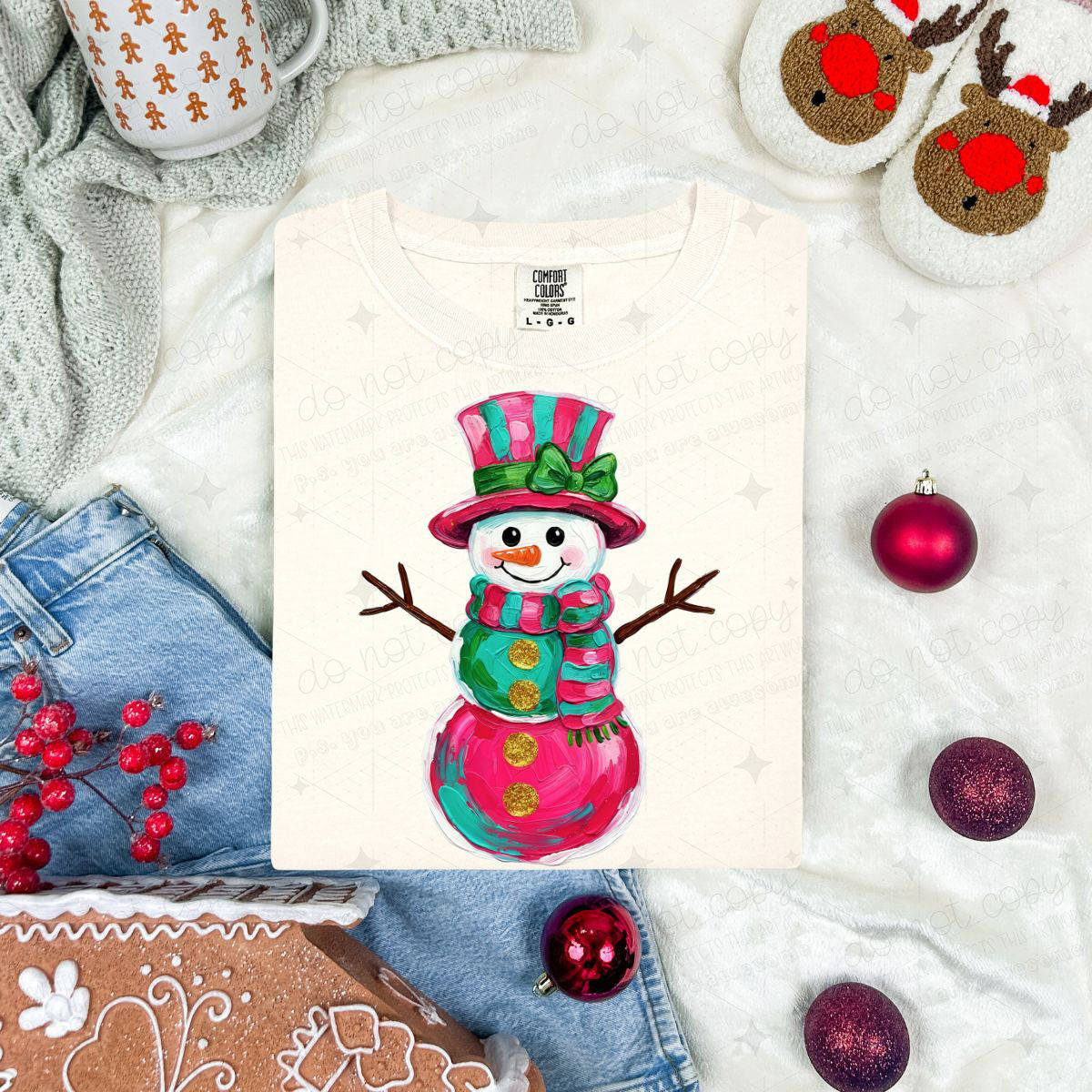 PINK AND GREEN PAINTED SNOWMAN - DTF TRANSFER