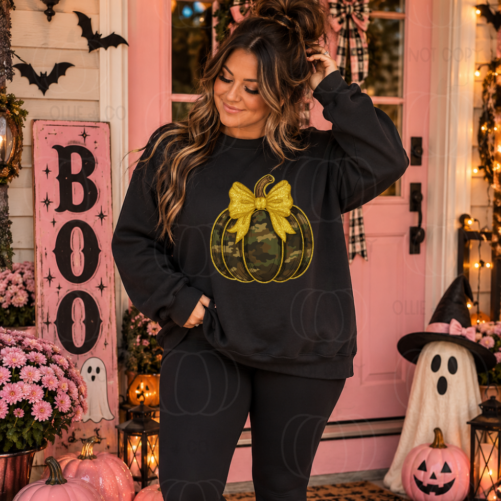 CAMO PUMPKIN GOLD BOW - DTF TRANSFER