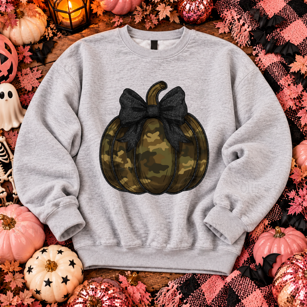 CAMO PUMPKIN BLACK BOW - DTF TRANSFER