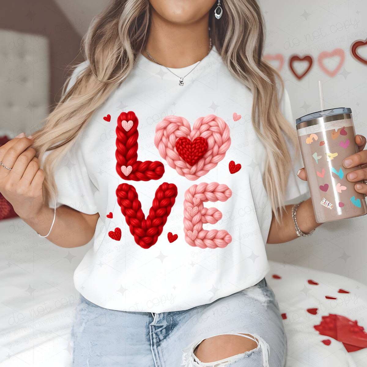 LOVE WITH A HEART - PINK AND RED - FAUX YARN - DTF TRANSFER