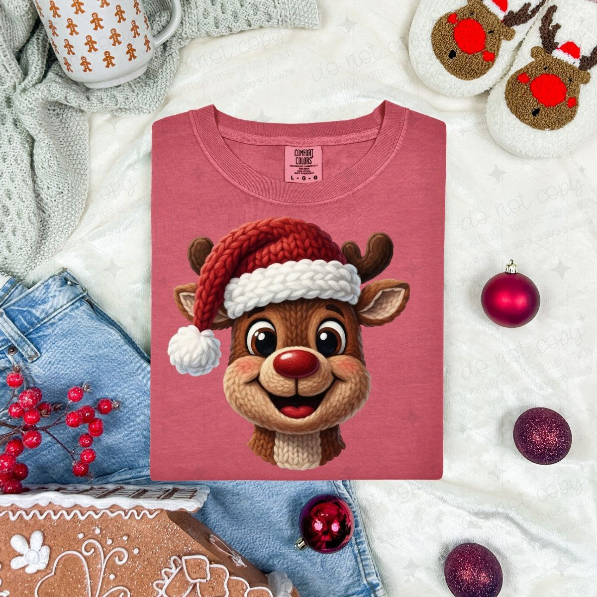 RED NOSE REINDEER WITH A SANTA HAT - FAUX YARN - DTF TRANSFER