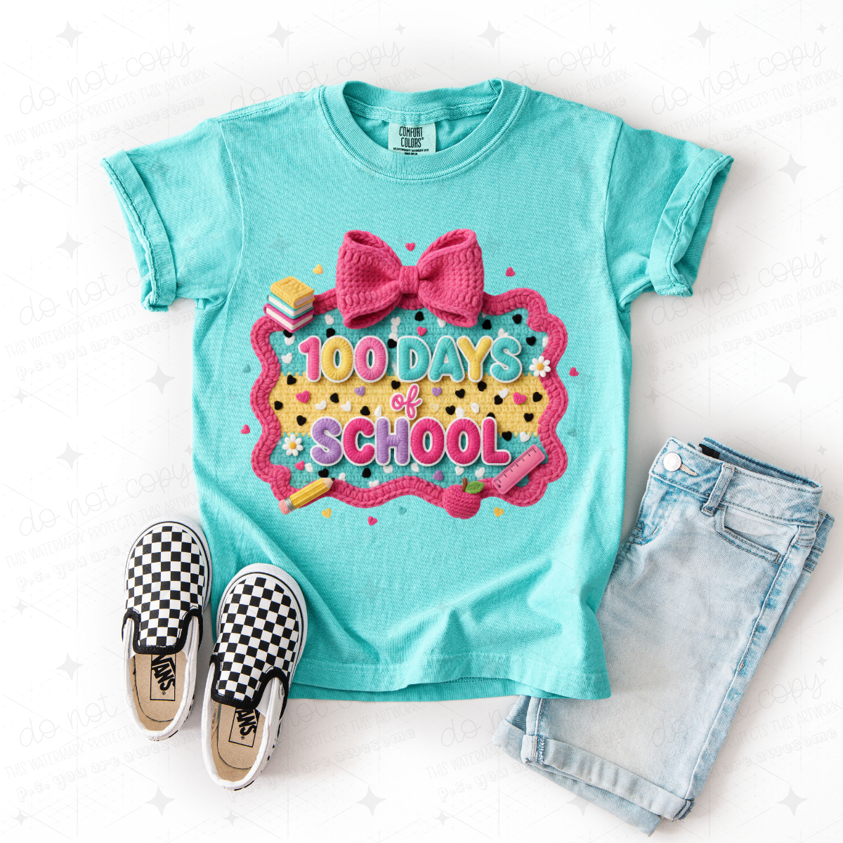 COQUETTE 100 DAYS OF SCHOOL - PINK BOW - FAUX YARN - DTF TRANSFER