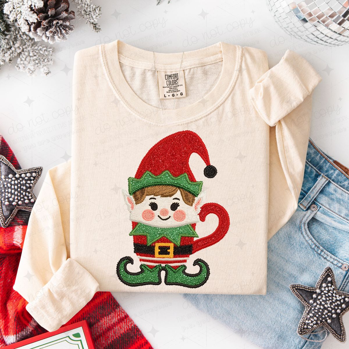 ELF COFFEE - FAUX GLITTER/FAUX EMBROIDERY - DTF TRANSFER