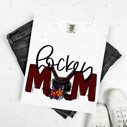 HOCKEY MOM - MAROON/WITH FLOWER - DTF TRANSFER