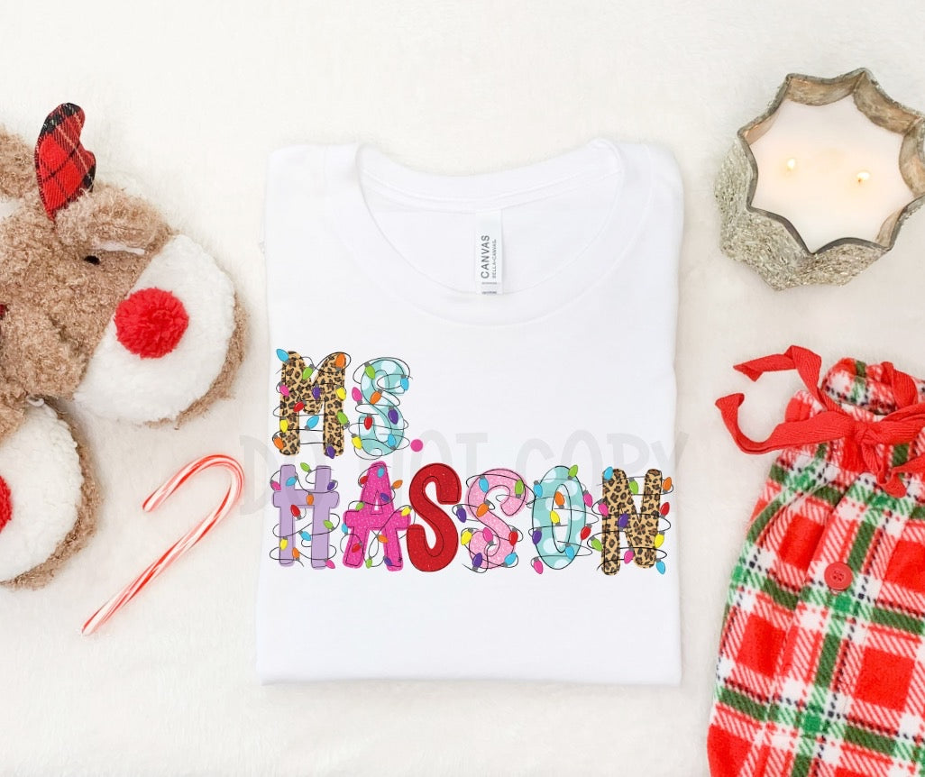 NEON TEACHER CHRISTMAS LIGHTS W/ NAME - CUSTOM TRANSFER