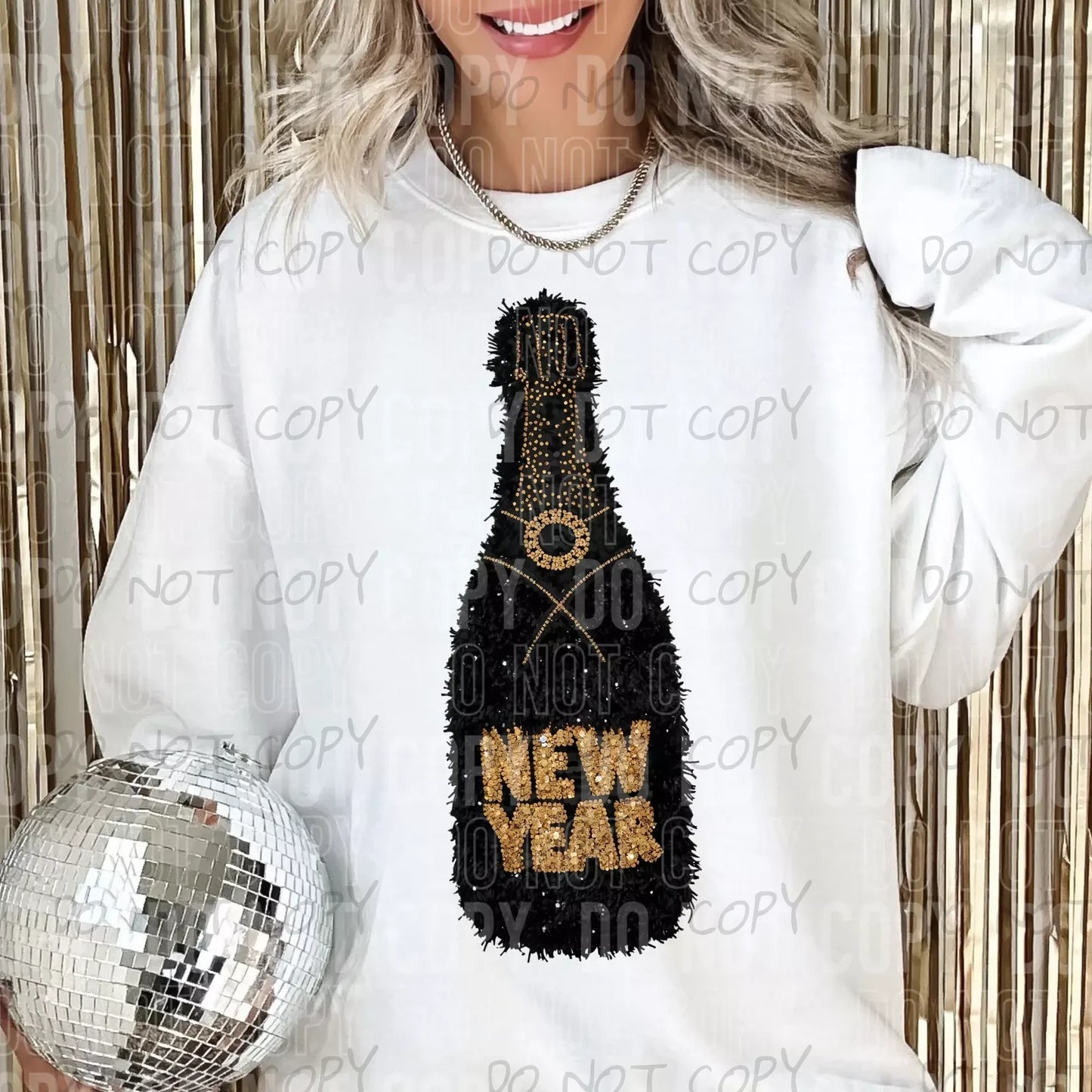 CHAMPAGNE BOTTLE NEW YEAR BLACK FAUX YARN - DTF TRANSFER
