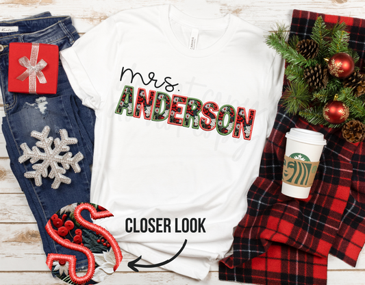 CHRISTMAS HOLLY TEACHERS NAME - FAUX EMBROIDERY - CUSTOM TRANSFER