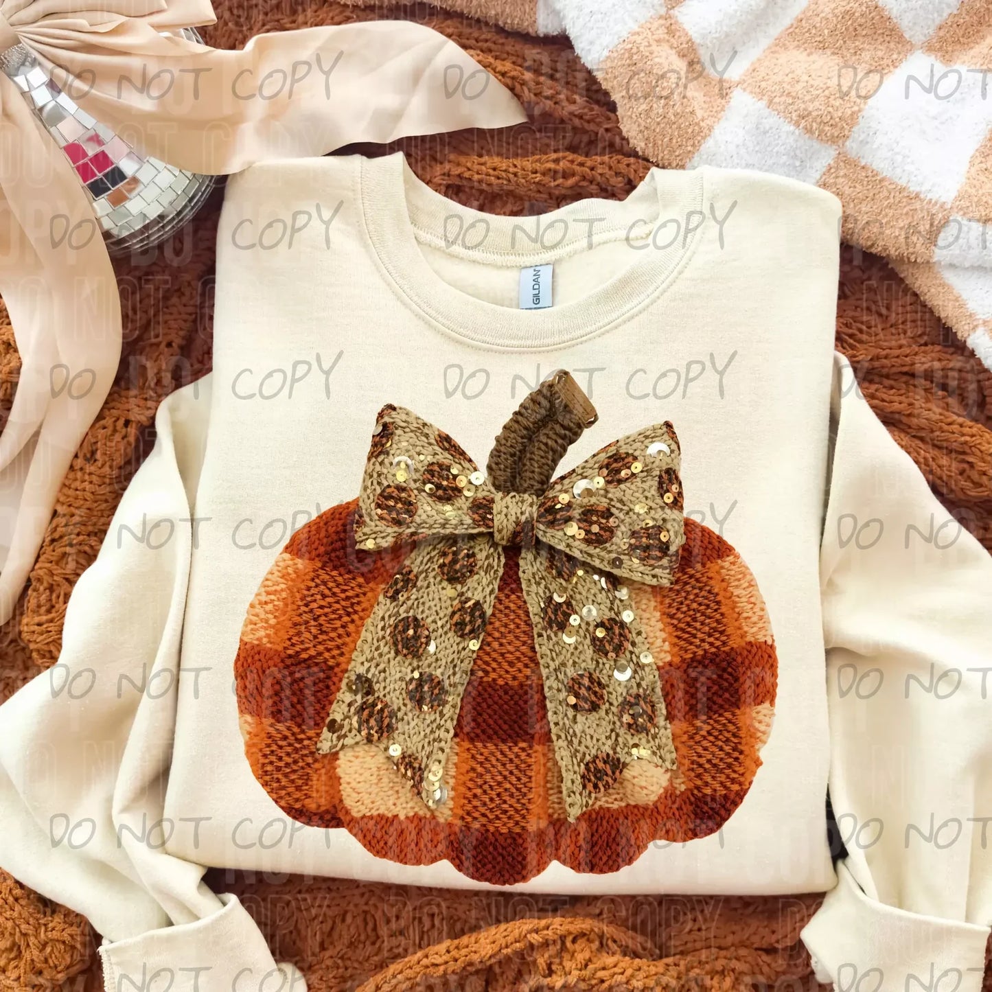 FALL PLAID PUMPKIN BOW FAUX YARN SEQUINS - DTF TRANSFER