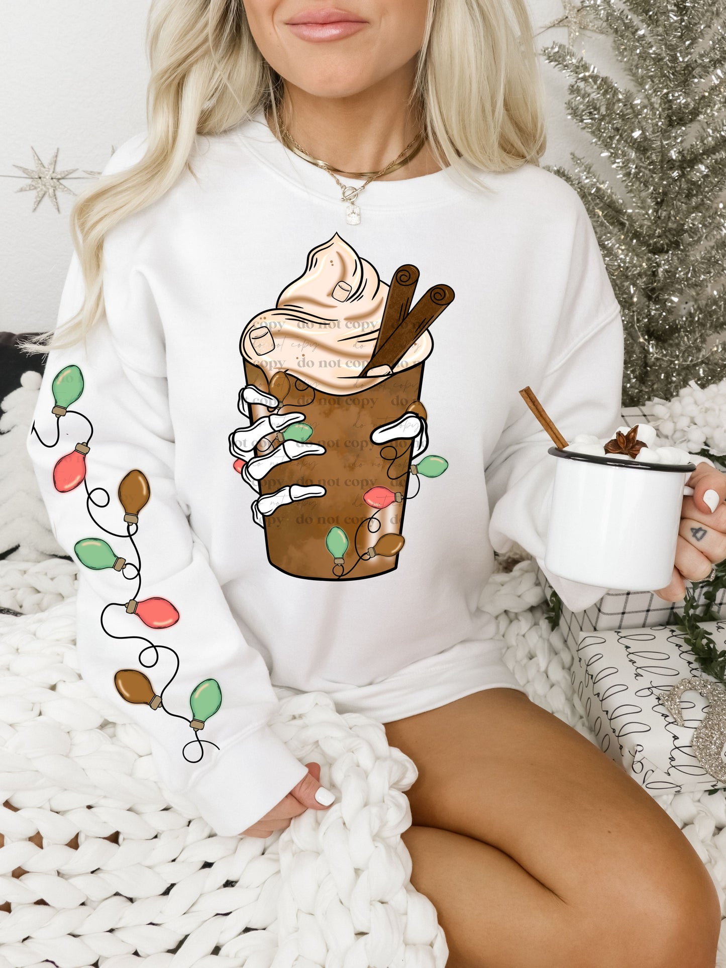 HOT COCOA W/ CHRISTMAS LIGHTS SLEEVE - FRONT+SLEEVE - DTF TRANSFER