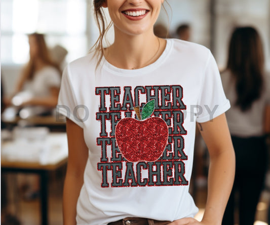 STACKED TEACHER WITH APPLE - FAUX SEQUIN/FAUX EMBROIDERY  - DTF TRANSFER