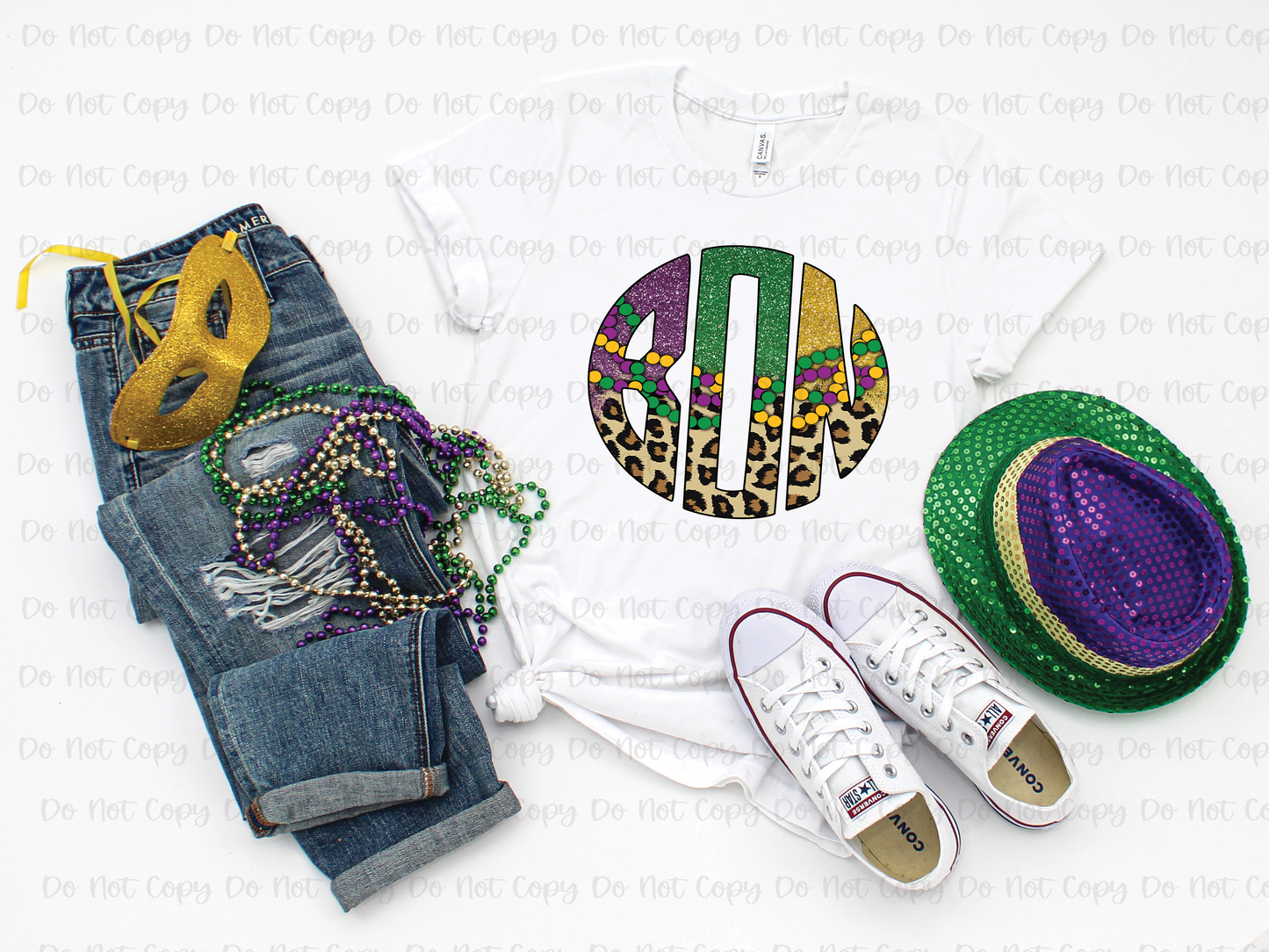 MARDI GRAS BEADS & LEOPARD MONOGRAM - CUSTOM TRANSFER
