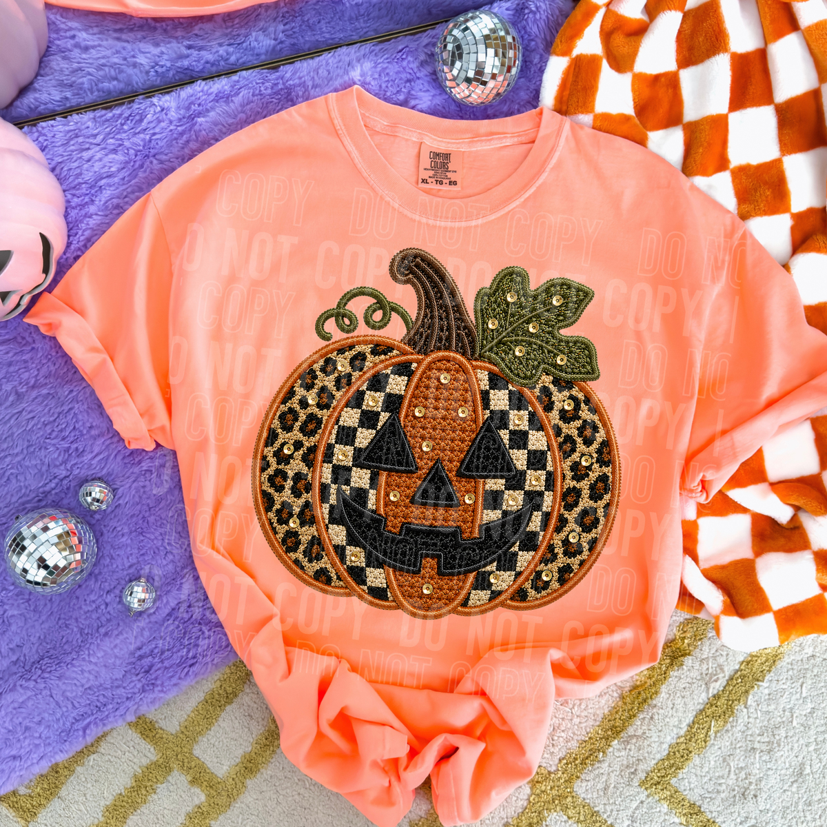 JACK O LANTERN CHECKERED LEOPARD - FAUX EMBROIDERY - DTF TRANSFER